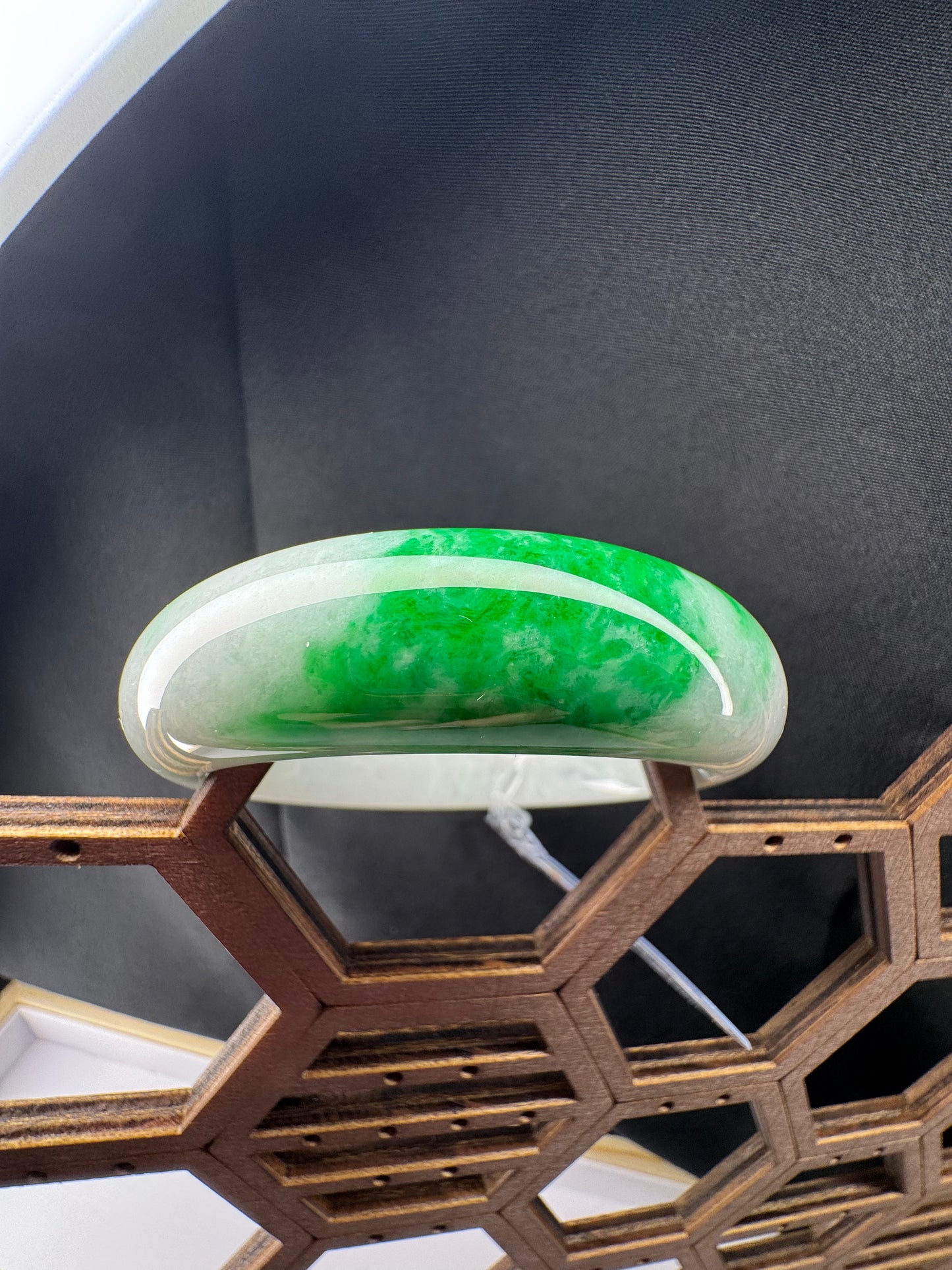 Princess Half Round Burmese White & Green Jadeite Jade Bangle Bracelet. 54mm