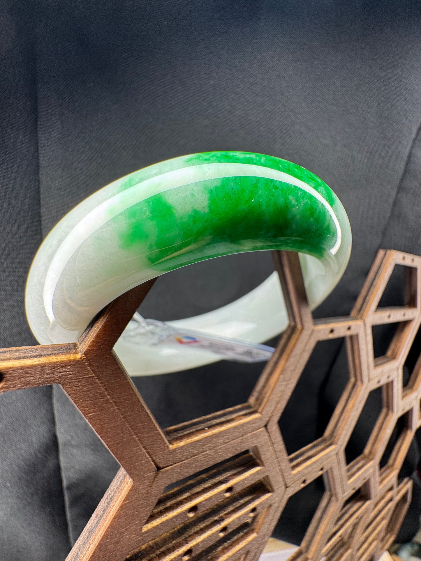 Princess Half Round Burmese White & Green Jadeite Jade Bangle Bracelet. 54mm