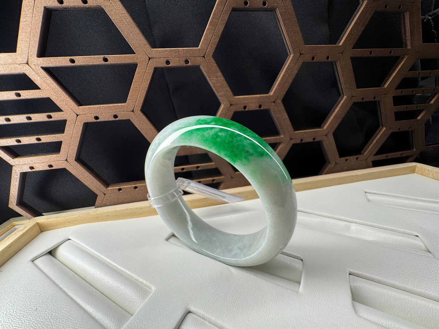 Princess Half Round Burmese White & Green Jadeite Jade Bangle Bracelet. 54mm