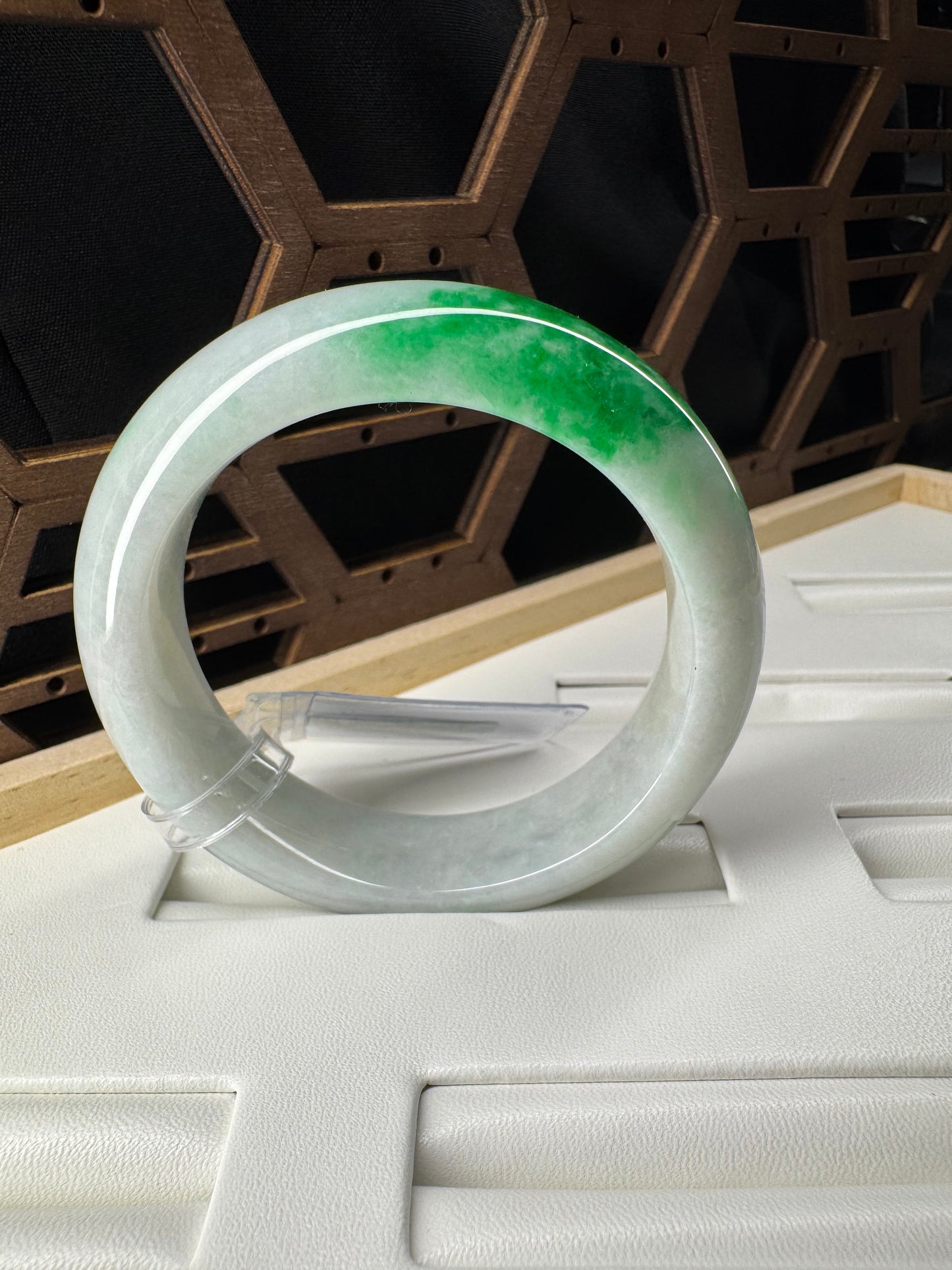 Princess Half Round Burmese White & Green Jadeite Jade Bangle Bracelet. 54mm