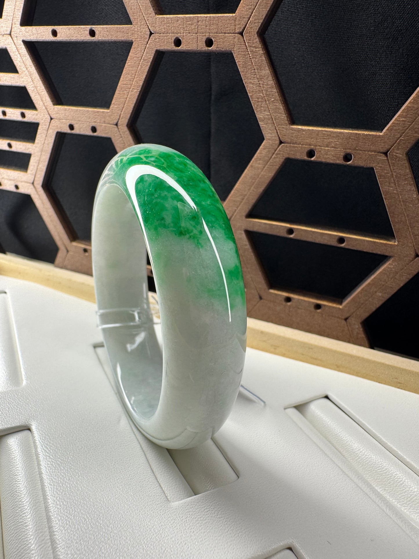 Princess Half Round Burmese White & Green Jadeite Jade Bangle Bracelet. 54mm