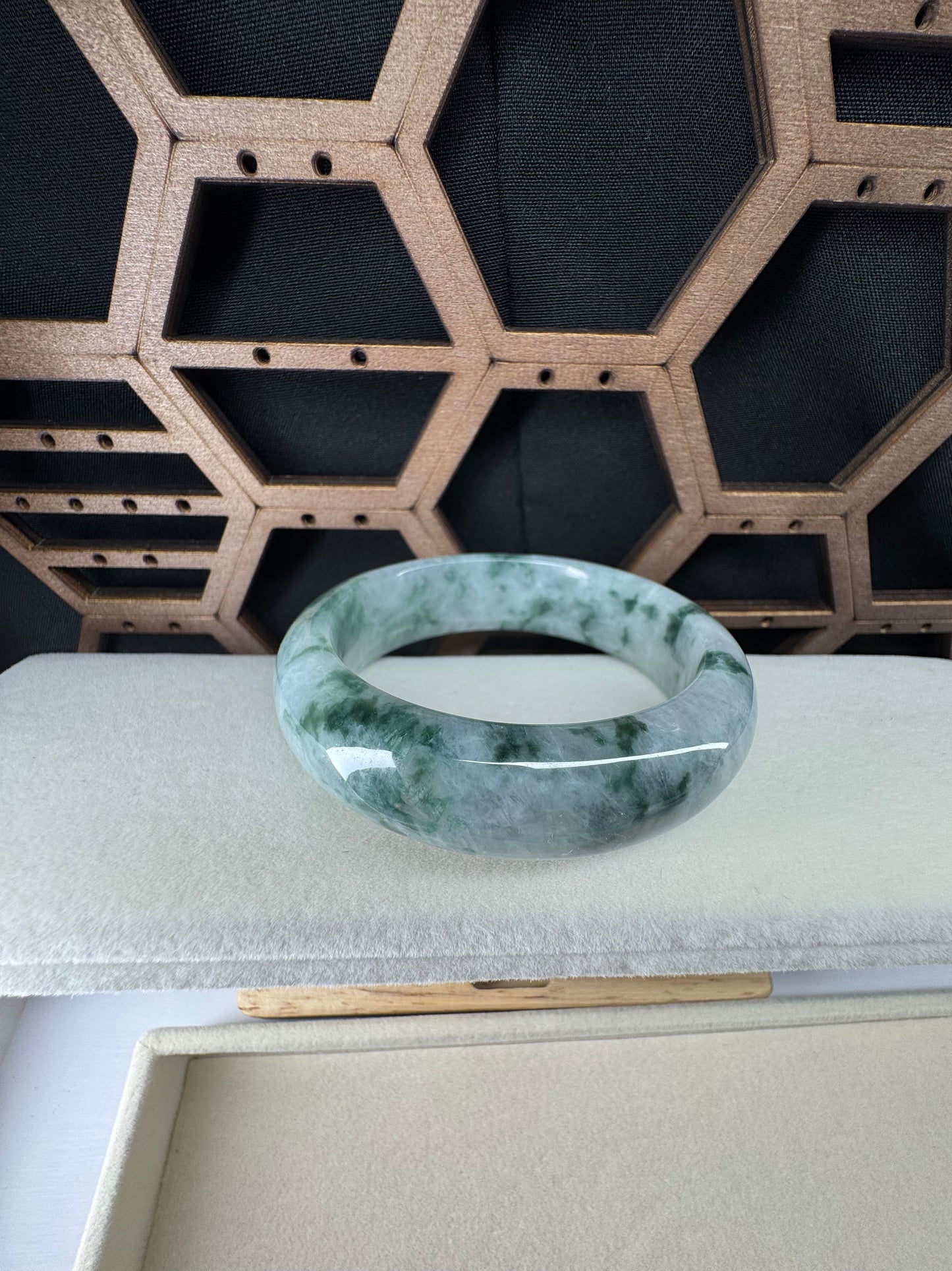 Genuine Burmese Floating Flowers Icy Jadeite Jade Bangle. 50mm