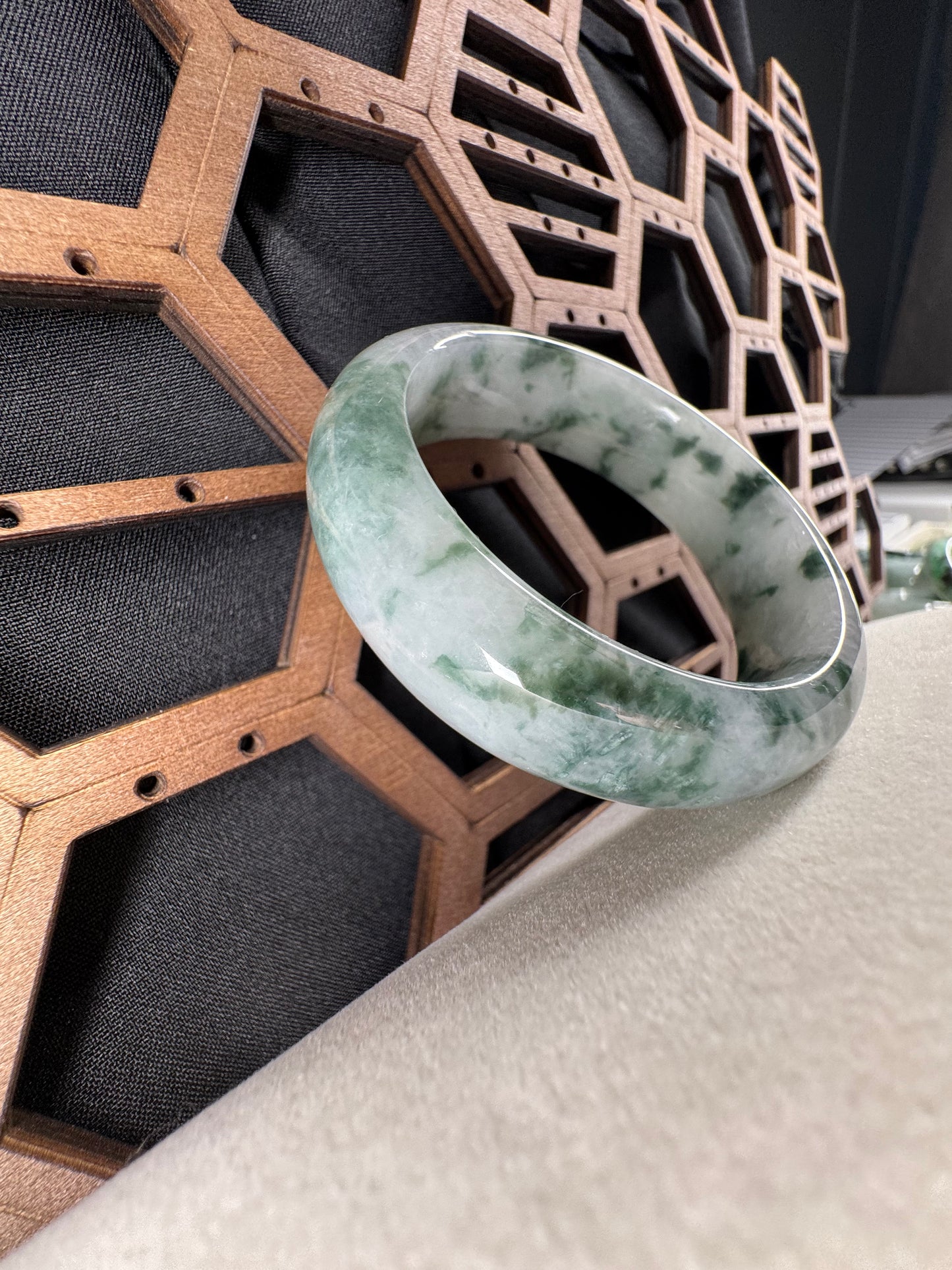 Genuine Burmese Floating Flowers Icy Jadeite Jade Bangle. 50mm
