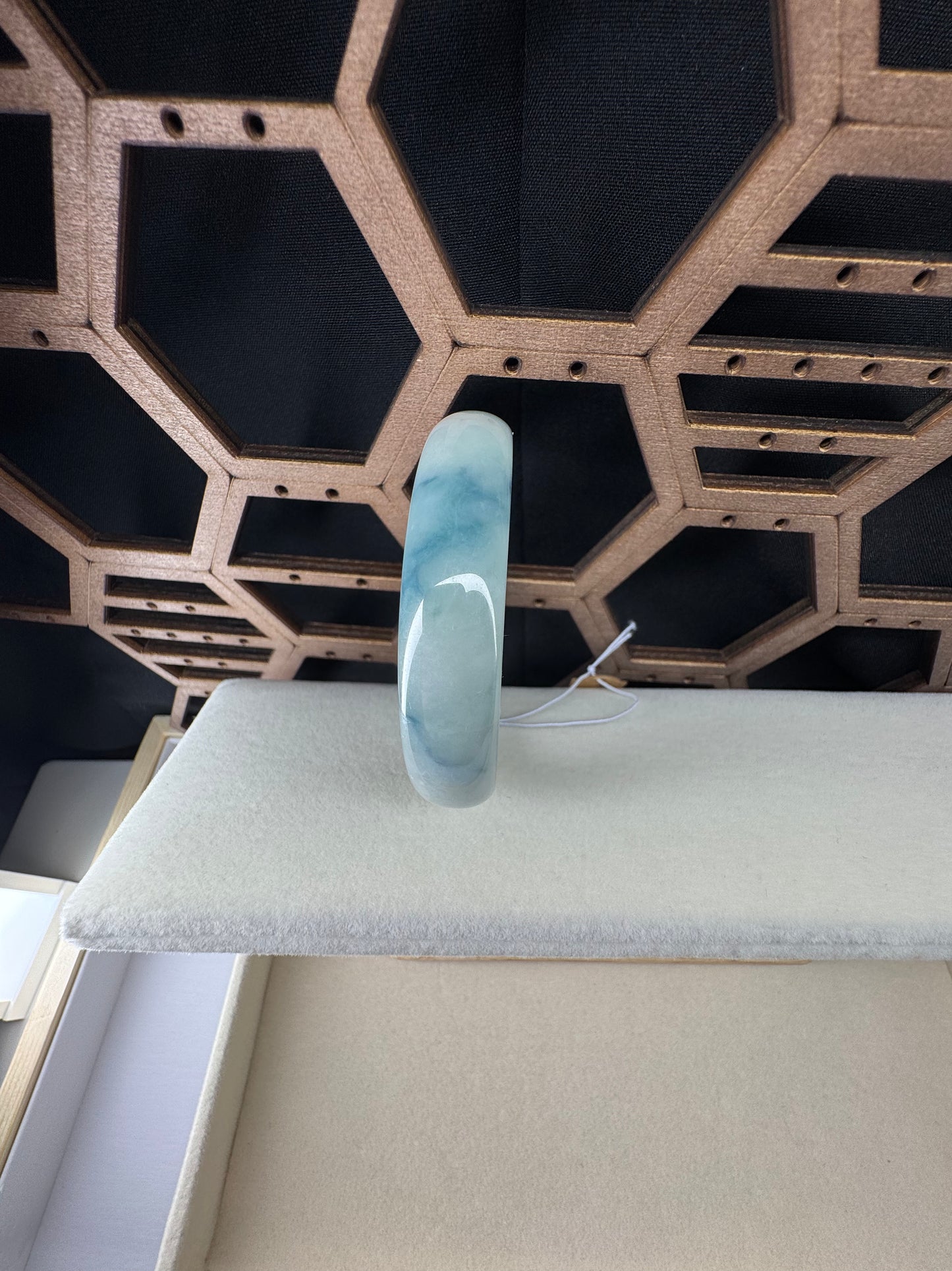 Half Round Blue-Green Jadeite Jade Bangle, 50mm