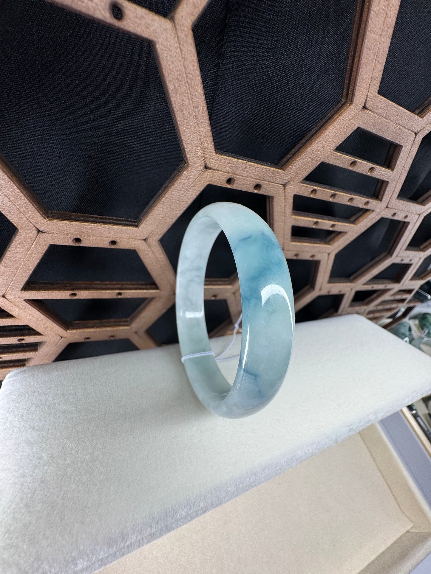 Half Round Blue-Green Jadeite Jade Bangle, 50mm