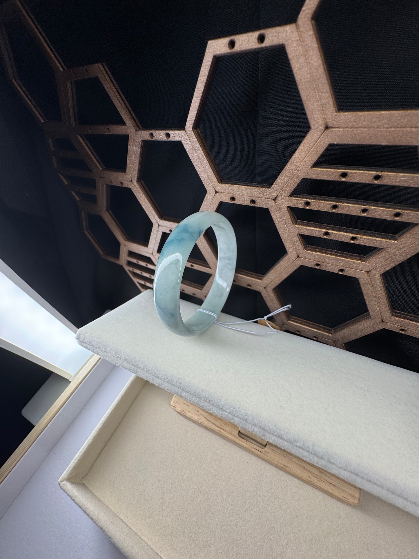 Half Round Blue-Green Jadeite Jade Bangle, 50mm
