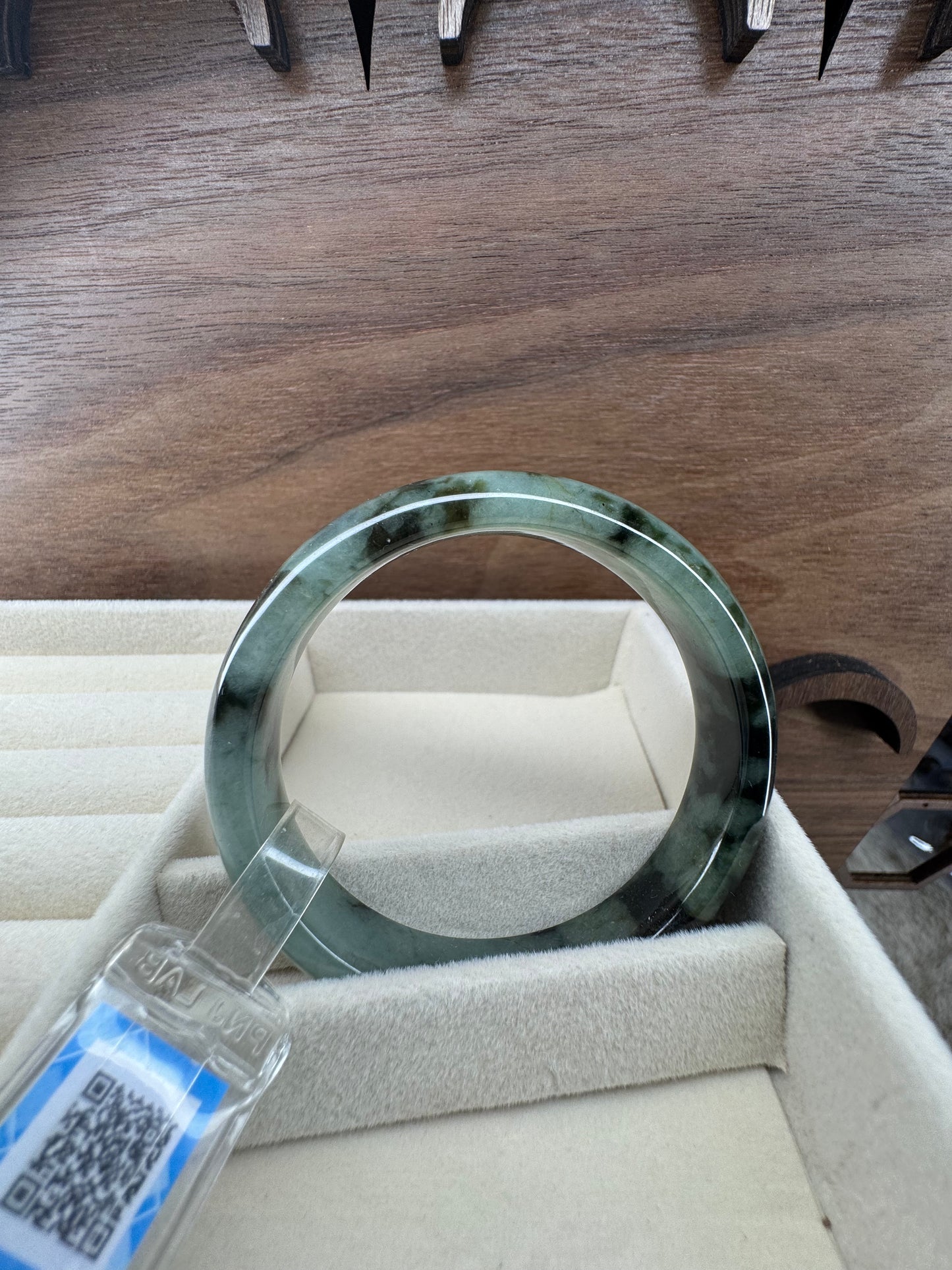 Deep Green Floating Flowers jadeite Jade Bangle, size 54mm