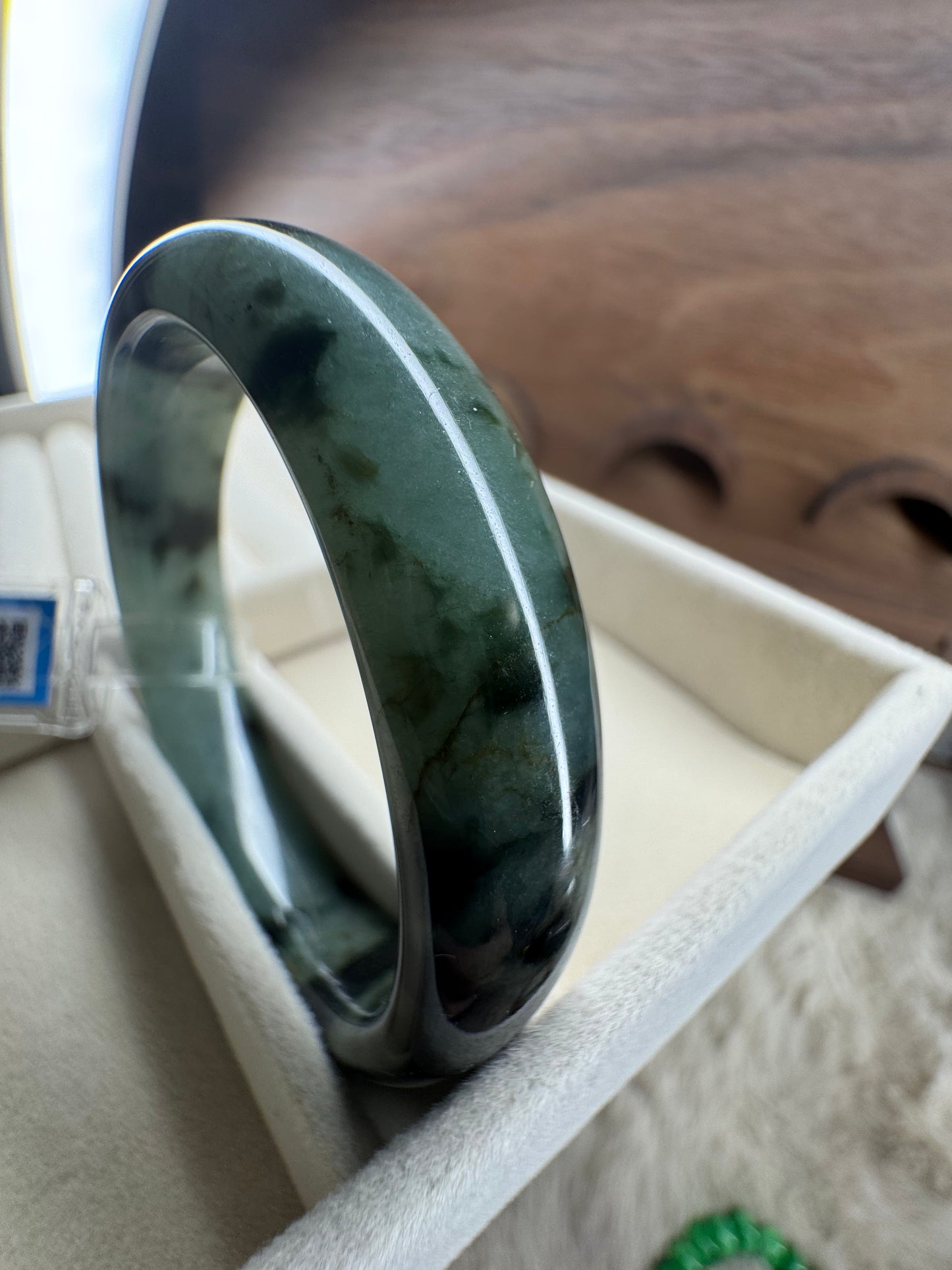 Deep Green Floating Flowers jadeite Jade Bangle, size 54mm