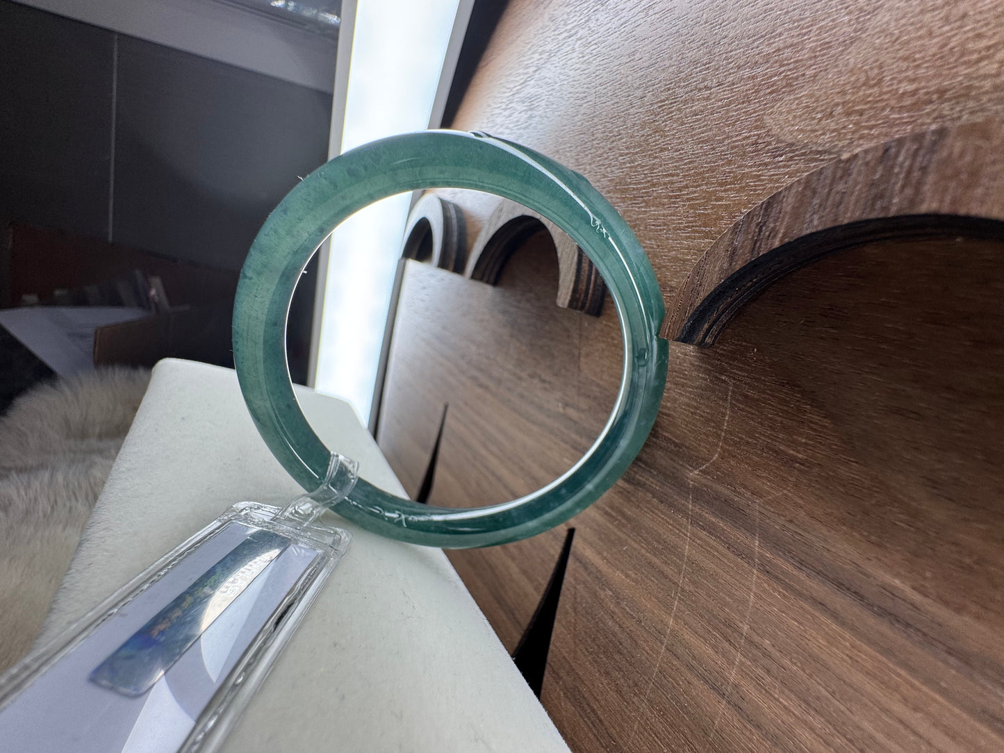 Pale White Snow flakes inside Green Classic Round Bangle. size 55mm
