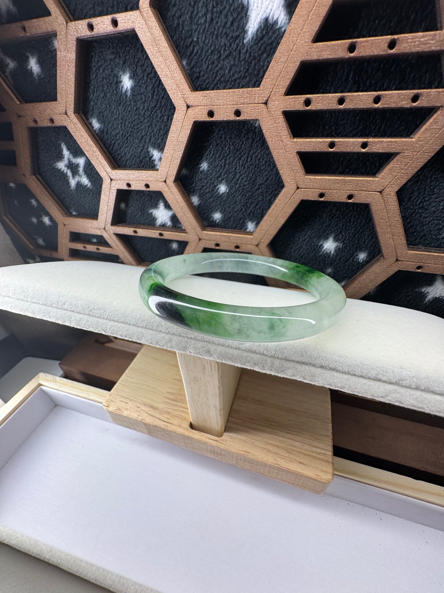 High Standard Burmese Jadeite Jade Bangle Bracelet with Ice Texture and white snow with Green Floating Flowers. 53mm