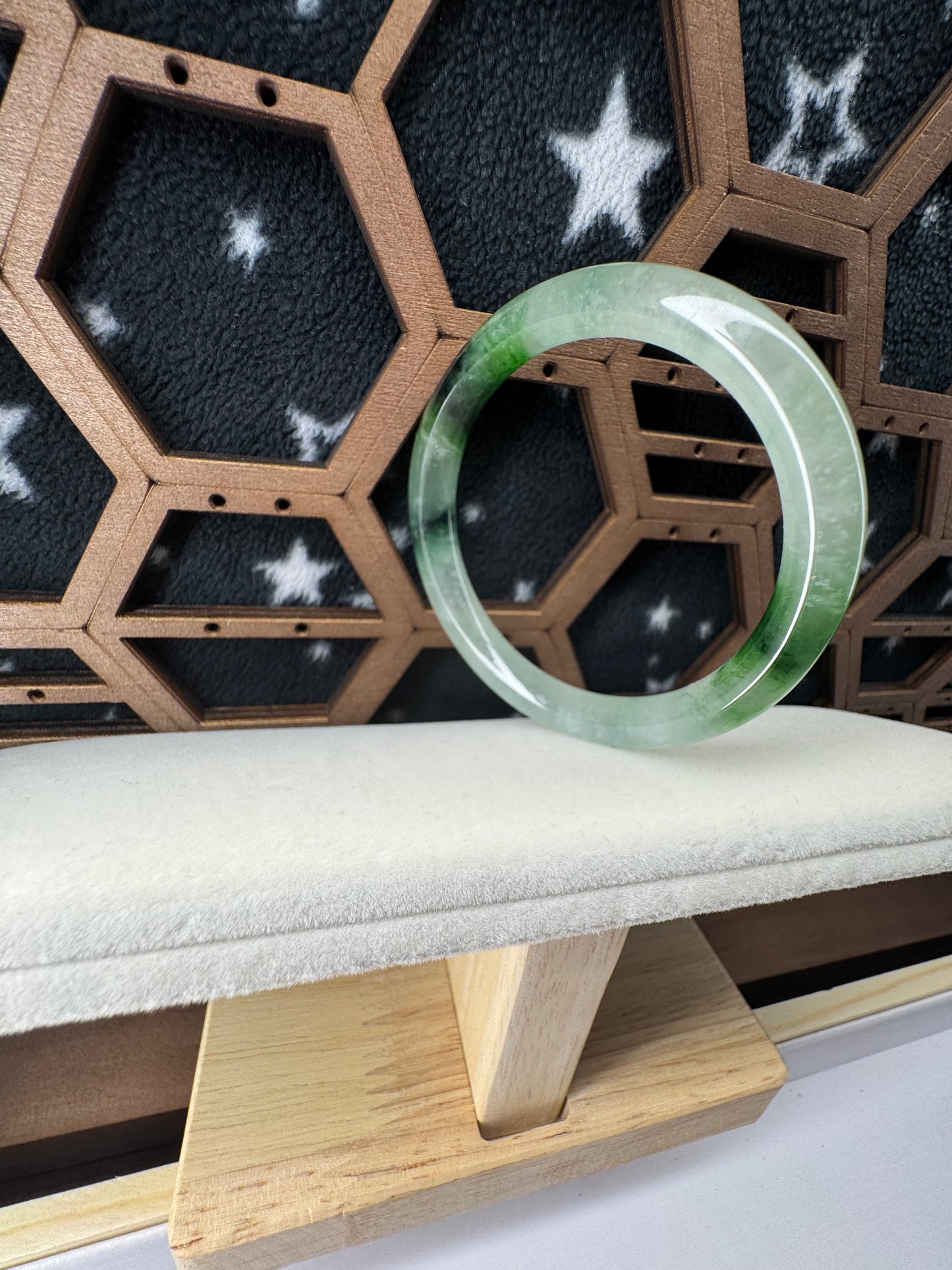 High Standard Burmese Jadeite Jade Bangle Bracelet with Ice Texture and white snow with Green Floating Flowers. 53mm